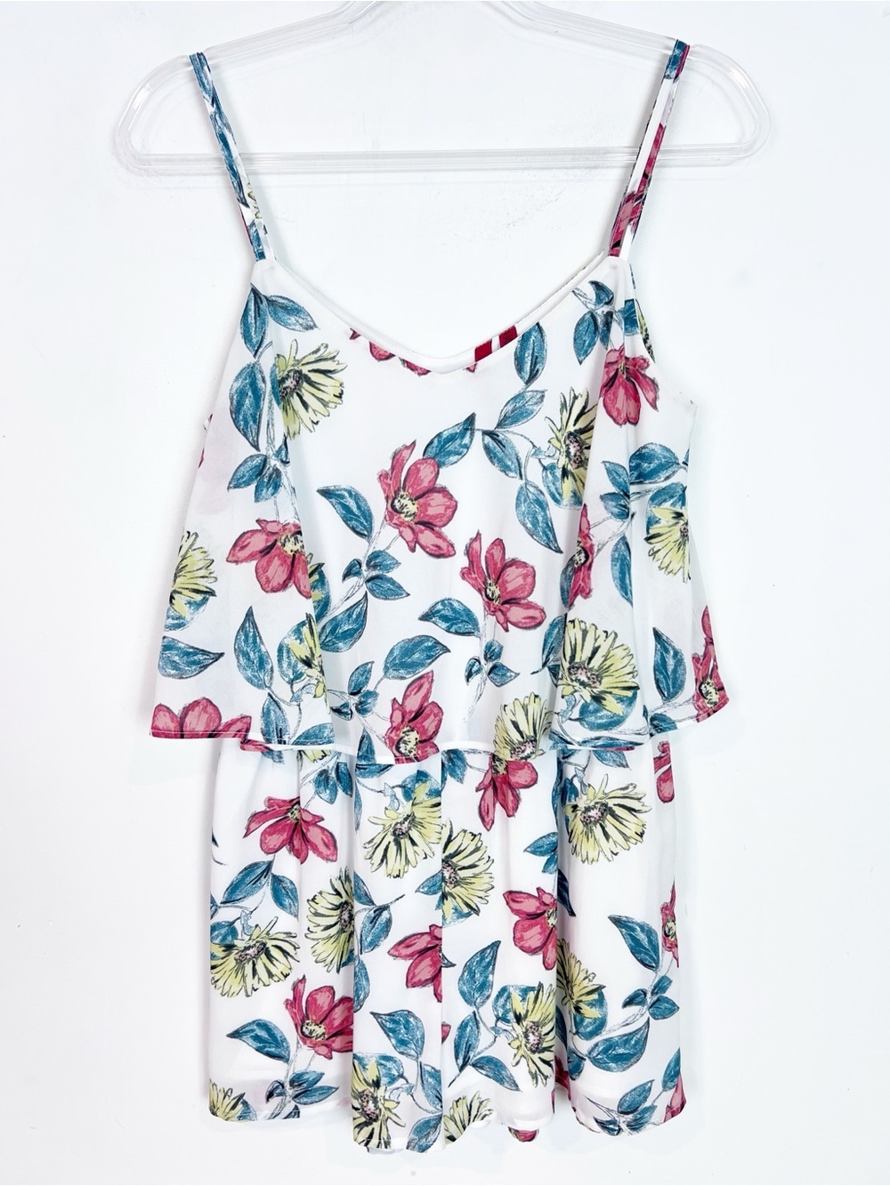 5/48 WHITE WITH RED YELLOW FLORAL PRINT SLEEVELESS MINI DRESS ROMPER SZ SMALL